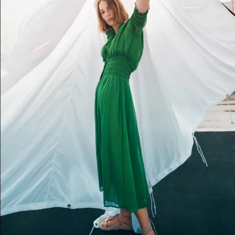 NWT Zara emerald green pleated midi dress button down medium